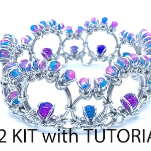 May include: A silver wire wrapped bracelet with blue and pink beads. The bracelet is made with a woven wire pattern. The image includes the text "X2 KIT with TUTORIAL".