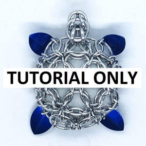 May include: A silver chainmail turtle pendant with blue accents. The pendant is a tutorial only and not for sale.