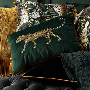 Chic Leopard On The Prowl!  Embroidery On Velvet Pillow Cover - Cheetah Pillow, Panther Pillow, Leopard Pillow, Tiger Pillow, Lumbar Pillow