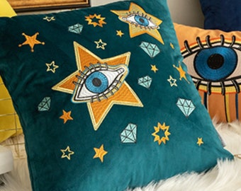 Embroidered Velvet Throw Pillow Cover, Whimsical Star Eye Design