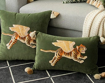Flying Tiger On Lush Velvet! 3 Colors! Fun Throw Pillow Cover With Cheeky Applique Tiger. Tiger Lover Gifts. Tiger Pillow. Velvet Pillow.