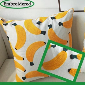 Embroidered Bananas Throw Pillow Cover - Bright, Cheerful Embroidery on Hefty Cotton. Quirky, Tropical Cushion Cover