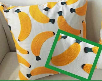 Embroidered Banana Pillow Cover - Tropical Decor, Whimsical Cushion Cover