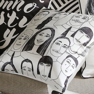 Faces in the Crowd: If You Love People Watching, Get This Black & White Satin Throw Pillow! Quirky and Cheerful Satin Pillow, Unique Design