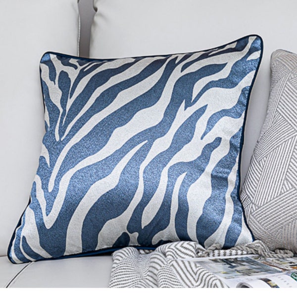 Double-Sided Zebra Throw Pillow Cover -Beautiful Blue & Off-White Zebra Pattern. Chic Cushion Cover, Tiger Pillow, Zebra Print, Animal Print