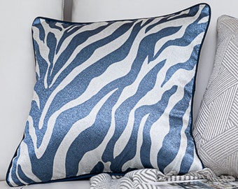 Double-Sided Zebra Throw Pillow Cover -Beautiful Blue & Off-White Zebra Pattern. Chic Cushion Cover, Tiger Pillow, Zebra Print, Animal Print
