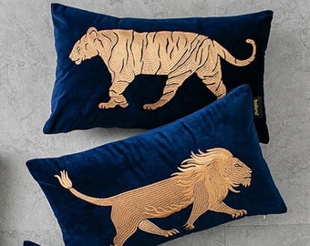 On the Prowl! Luxe Velvet Tiger & Lion Throw Pillow Covers. High-end Decorative Cushion Covers. Tiger Pillow. Lion Pillow. Velvet Tiger.