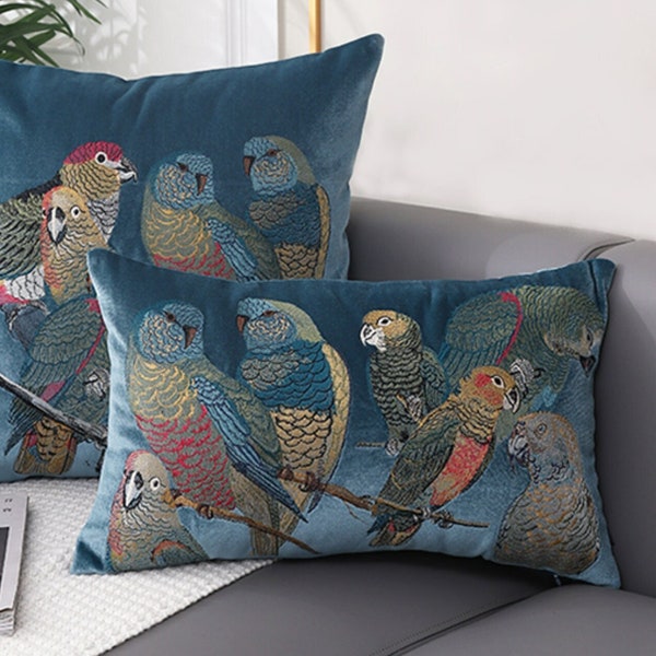 5 Colors! Embroidered Parrots On Velvet - Vibrant Throw Pillow Cover With Colorful Parrots. Parrot Lovers Gift. Velvet Birds Pillow. Birders