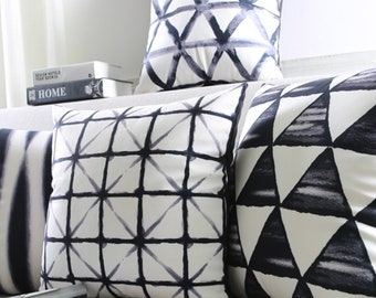 Black and White Watercolor Velvet Throw Pillow Cover – Abstract Shibori Style Graphic Geometric Print