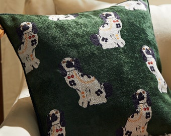 Staffordshire Dogs Throw Pillow Cover – Green Velvet Modern Chinoiserie Style