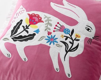 Embroidered Bunny Velvet Pillow Cover, Folk Art Rabbit