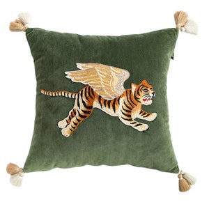 Flying Tiger On Lush Velvet 3 Colors Fun Throw Pillow Cover With Cheeky Applique Tiger. Tiger Lover Gifts. Tiger Pillow. Velvet Pillow. image 2