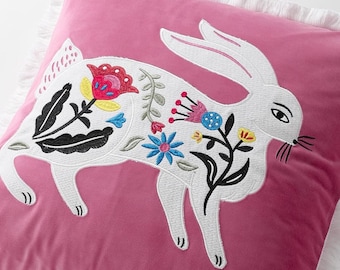 Bunny Hop! Luxe Velvet With Stunning Embroidered Folk-Art Style Rabbit! Adorable Velvet Throw Pillow Cover. Princess Rabbit. Bunnies. Hare.