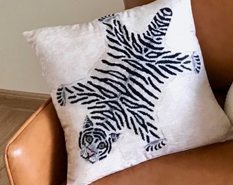 White Tiger Rug Throw Pillow Cover - Modern Version of Classic Tiger Rugs - Velvet Tiger, Perfect Gift, Tiger Pillow, Year of the Tiger