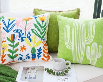 Embroidered Cactus Teddy-Texture Pillow Cover And Otami Embroidery Folk Art Design - Fresh Throw Pillowcases
