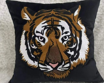 Embroidered Tiger Velvet Throw Pillow Cover – Black Accent Pillowcase