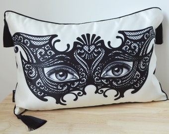 Sultry Satin Masquerade Mask Throw Pillow Cover With Tassels