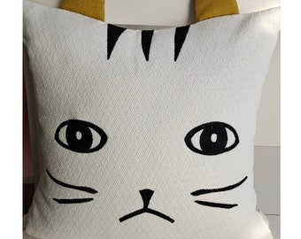 Embroidered Cat Throw Pillow Cover with 3D Ears - Quirky Luxury