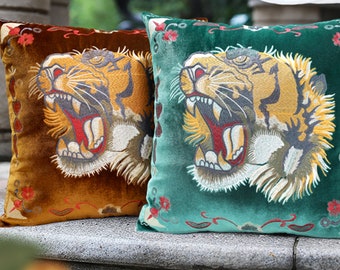 Embroidered Roaring Tiger Velvet Throw Pillow Cover, Edgy Home Decor