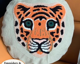 XL Tiger Embroidered Round Throw Pillow, Whimsical Decorative Cushion