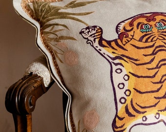 Tibetan Tiger Throw Pillow Cover – Floral And Animal Accent Pillowcase
