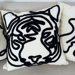 Tufted Appliqué Tiger Pillow, Sexy Decorative Cushion Cover, Black and White, Abstract Art, Gifts for Art Lovers, Tiger Pillow