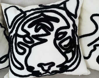 Tufted Tiger Pillow Cover, Abstract Art, Black and White Cushion Case