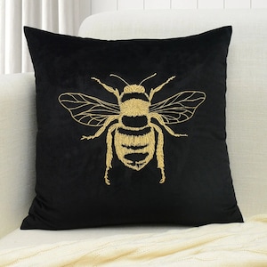 ¡2 colores! Abeja dorada bordada sobre terciopelo lujoso. Funda de cojín suave. Cojín de terciopelo con abejas. Abeja. Decoración con abejas.