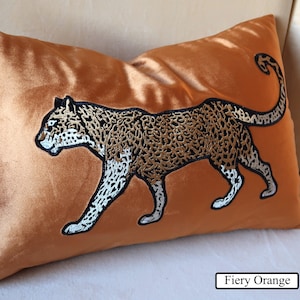 8 Colors! Leopard On The Prowl! Embroidered Applique Leopard On Luscious Velvet Pillow Cover - Cheetah Pillow, Tiger Pillow, Lumbar, Animal