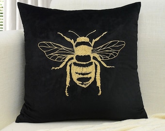 2 Colors! Embroidered Golden Honeybee On Lush Velvet! Soft Throw Pillow Cover. Velvet Bees Pillow. Honey Bee. Bee Décor.