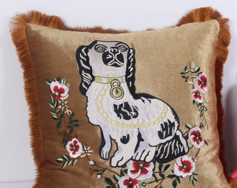 Velvet Staffordshire Dogs Pillow Cover: Embroidered Chinoiserie Fu Dog Throw Pillowcase