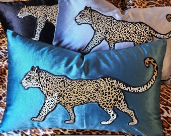 8 Colors! Leopard On The Prowl! Embroidered Applique Leopard On Luscious Velvet Pillow Cover - Cheetah Pillow, Tiger Pillow, Lumbar, Animal