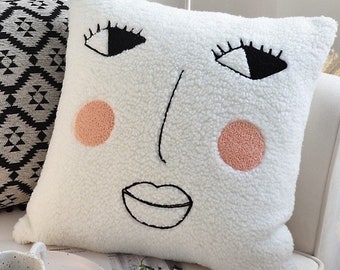 Embroidered Face Throw Pillow Cover – Fun Whimsical Design