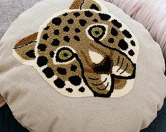 Embroidered Cheeky Cheetah Pillow Cover, Round Decorative Cushion Cover, Leopard Print