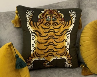 Tibetan Tiger Rug Pillow Cover - Modern Version Of the Iconic Symbol of Tibet - Tiger Throw Pillow, Tiger Pillow, Green Pillow, Tiger Lover