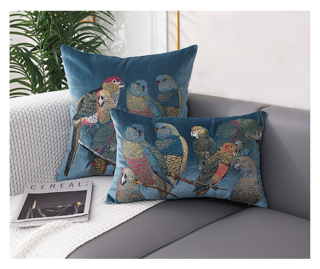 5 Colors! Embroidered Parrots on Velvet - Vibrant Throw Pillow Cover With Colorful Parrots ...