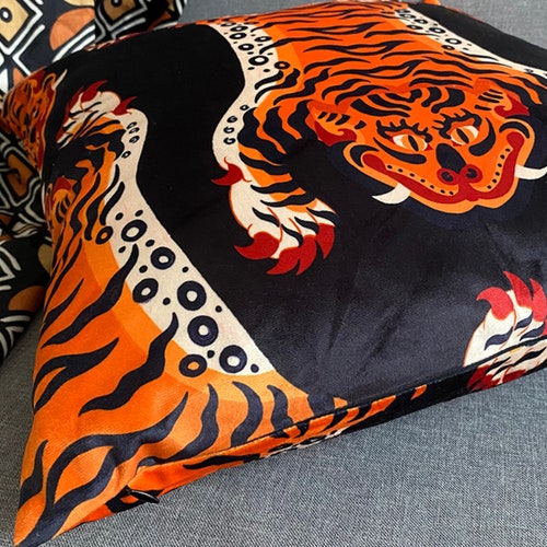 Tibetan Tiger Rug Throw Pillow - Modern Version of the Iconic Tibetan Art - Velvet Tiger, Luxurious Cushion Cover, Black Pillow, Pink Pillow