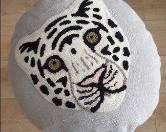 Extra Large White Tiger Round Throw Pillow with Textured, Tufted Applique. Tiger Pillow, Tufted Throw Pillow, The Perfect Gift!