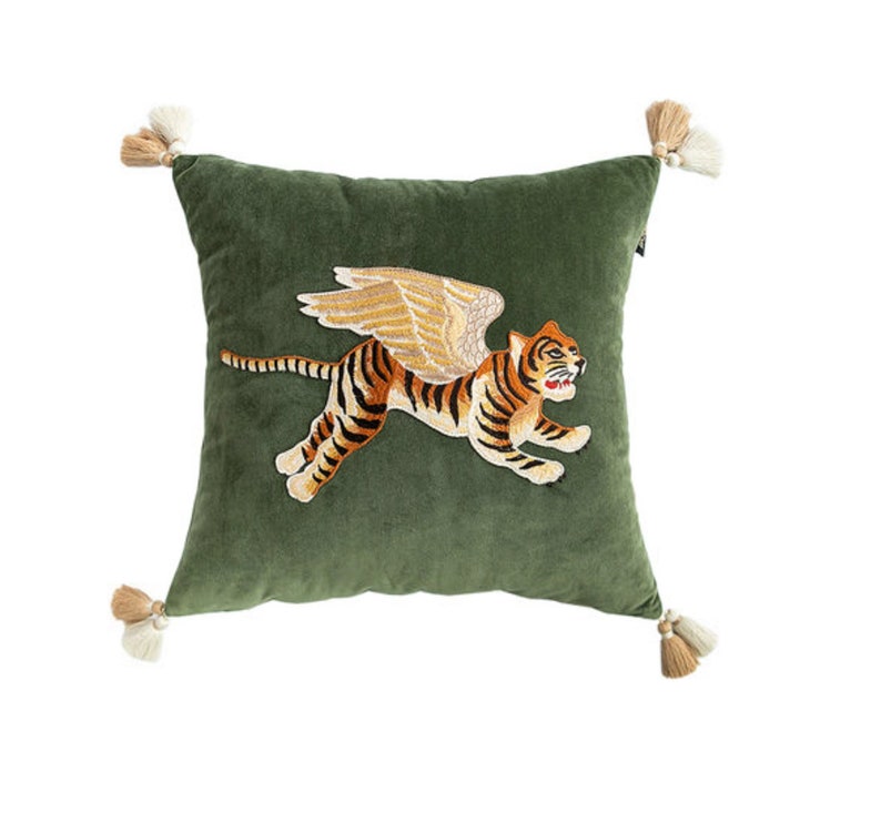 Flying Tiger On Lush Velvet 3 Colors Fun Throw Pillow Cover With Cheeky Applique Tiger. Tiger Lover Gifts. Tiger Pillow. Velvet Pillow. image 2