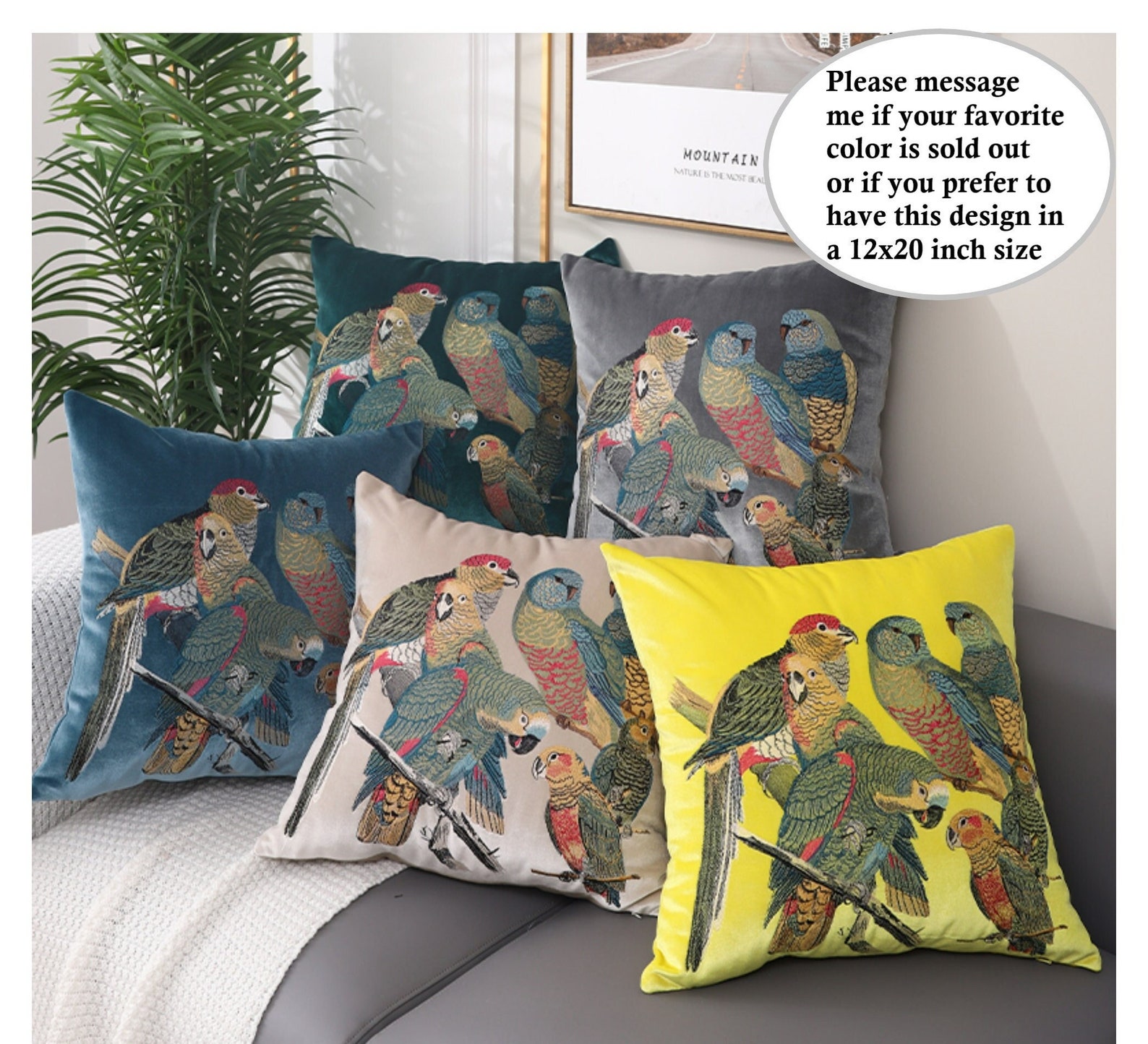 5 Colors Embroidered Parrots on Velvet Vibrant Throw Pillow - Etsy