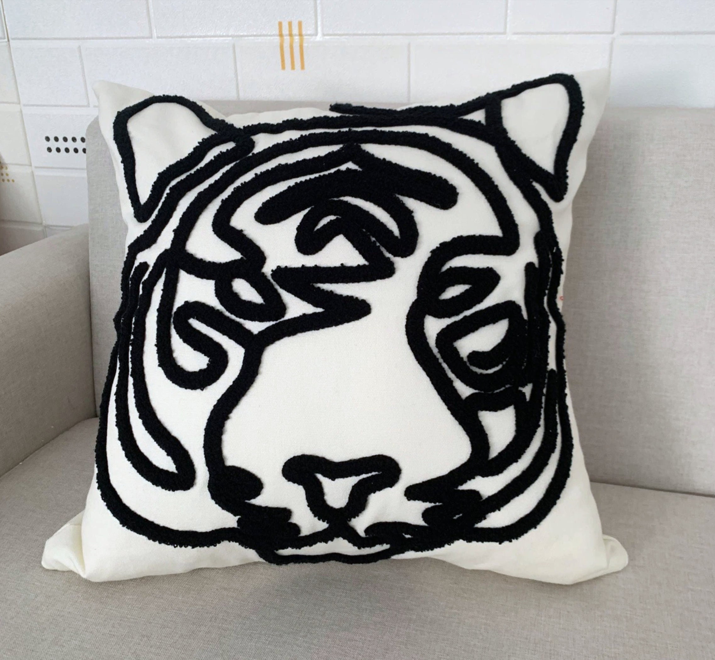 Tufted Applique Tiger Pillow Sexy Decorative Cushion Cover Black and White Abstract Art Gifts for Art Lovers Tiger Pillow Etsy