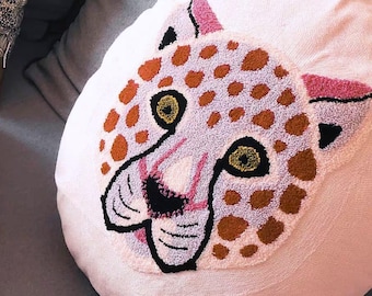 XL Embroidered Pink Panther Pillow Cover, Whimsical Round Cushion Cover
