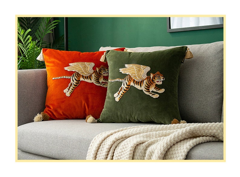 Flying Tiger On Lush Velvet 3 Colors Fun Throw Pillow Cover With Cheeky Applique Tiger. Tiger Lover Gifts. Tiger Pillow. Velvet Pillow. image 6