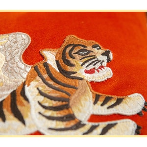 Flying Tiger On Lush Velvet 3 Colors Fun Throw Pillow Cover With Cheeky Applique Tiger. Tiger Lover Gifts. Tiger Pillow. Velvet Pillow. image 7