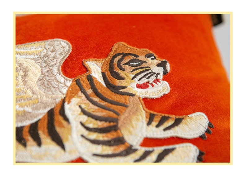 Flying Tiger On Lush Velvet 3 Colors Fun Throw Pillow Cover With Cheeky Applique Tiger. Tiger Lover Gifts. Tiger Pillow. Velvet Pillow. image 7