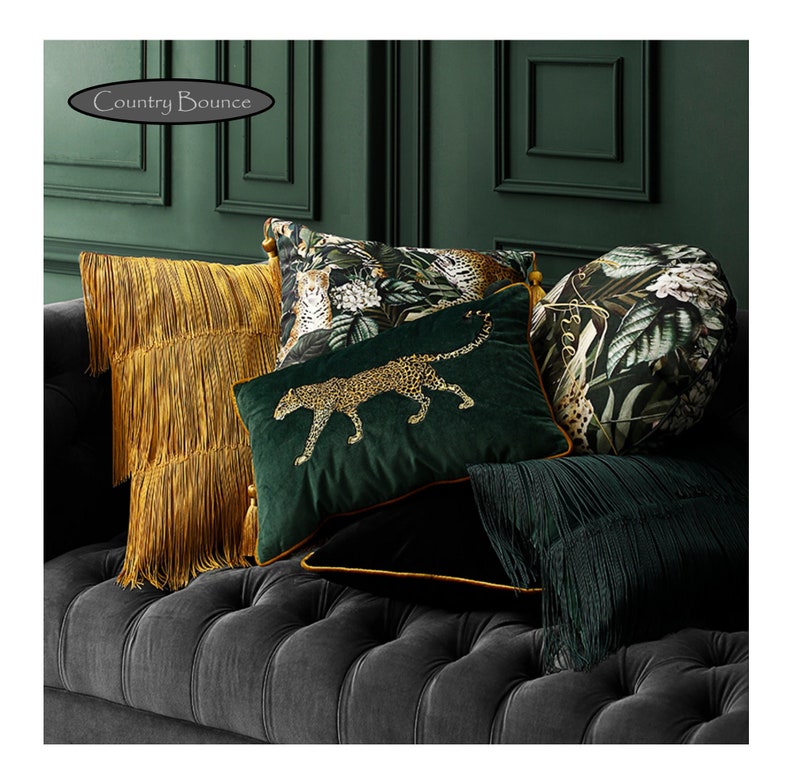 Chic Leopard On The Prowl Embroidery On Velvet Pillow Cover Cheetah Pillow, Panther Pillow, Leopard Pillow, Tiger Pillow, Lumbar Pillow image 1