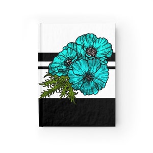 Turquoise Poppies | Boho Flowers Cyan | Blank Notebook | Neon Floral Stationary | Floral Sketchbook