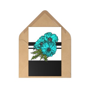 Turquoise Poppies Postcard Pack with envelope | Blank Postcards Set (7 pcs) | Floral Postcards | Boho Greeting Cards