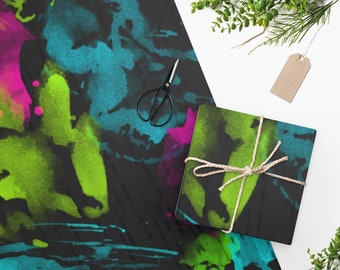 Neon Geschenkpapier | Leuchtendes Boho Aquarell Geschenkpapier | Geschenkpapierrolle 60 x 60 cm