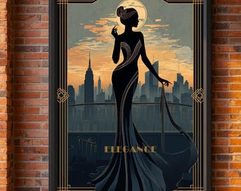 Art Deco City Rooftop Woman Print | Vintage Skyline Wall Art | UNFRAMED